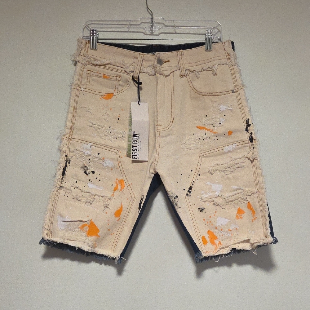 Stylish Beige and Orange Distressed Men's Jean Shorts